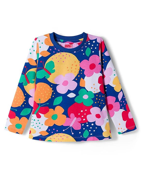 Babyhug Cotton Knit Full Sleeves Co-ord Night Suit With Floral Print - Navy Blue
