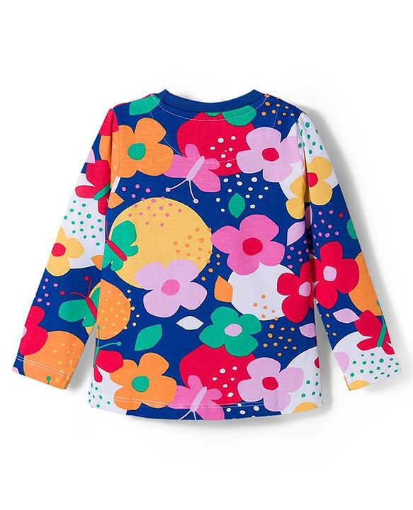 Babyhug Cotton Knit Full Sleeves Co-ord Night Suit With Floral Print - Navy Blue