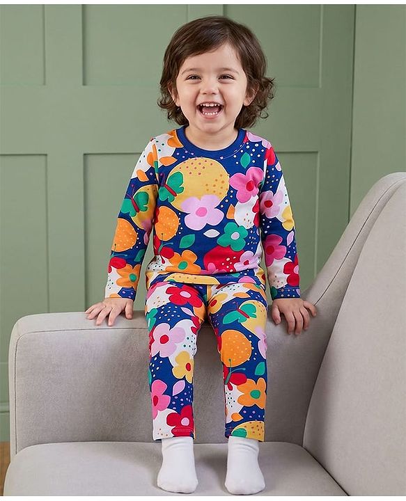 Babyhug Cotton Knit Full Sleeves Co-ord Night Suit With Floral Print - Navy Blue