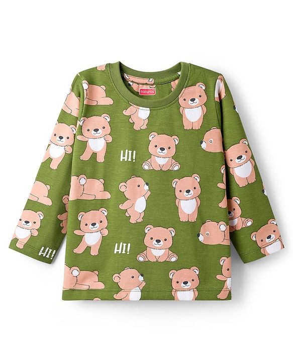 Babyhug Cotton Knit Full Sleeves T-Shirt & Lounge Pant Co-ords Night Suit With Bear Print - Green