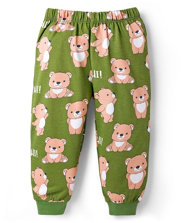 Babyhug Cotton Knit Full Sleeves T-Shirt & Lounge Pant Co-ords Night Suit With Bear Print - Green