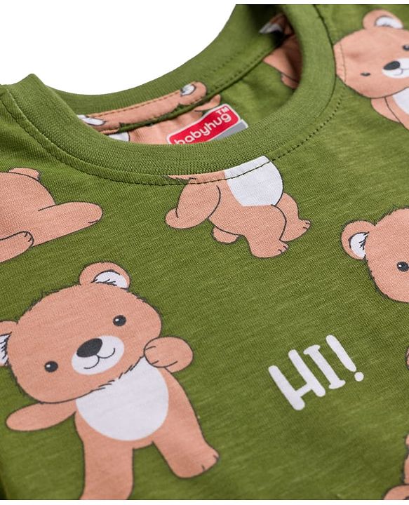 Babyhug Cotton Knit Full Sleeves T-Shirt & Lounge Pant Co-ords Night Suit With Bear Print - Green