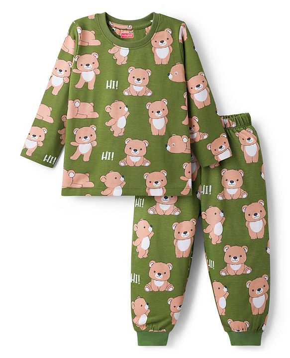 Babyhug Cotton Knit Full Sleeves T-Shirt & Lounge Pant Co-ords Night Suit With Bear Print - Green