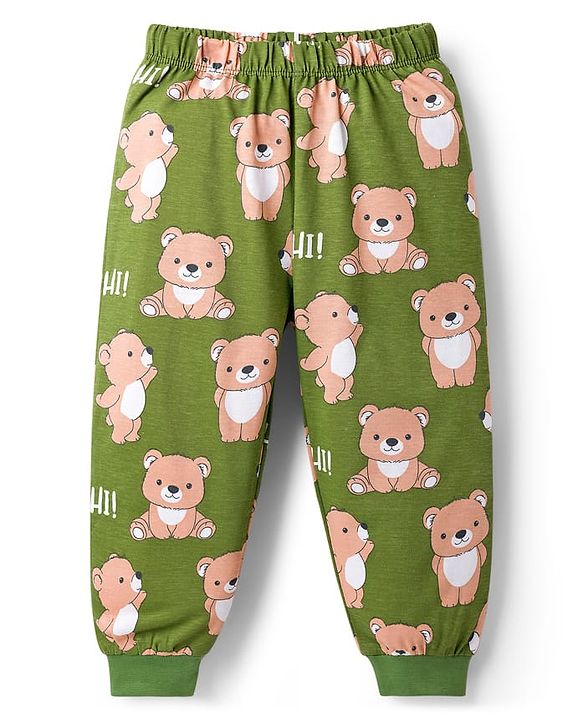 Babyhug Cotton Knit Full Sleeves T-Shirt & Lounge Pant Co-ords Night Suit With Bear Print - Green