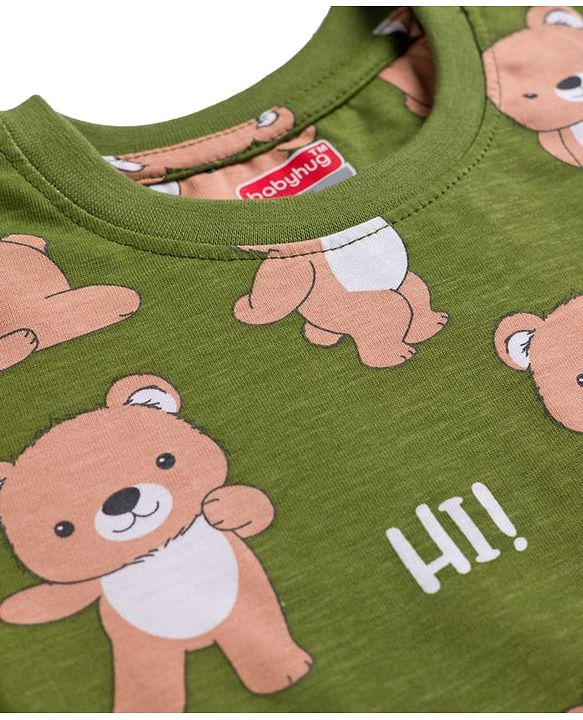 Babyhug Cotton Knit Full Sleeves T-Shirt & Lounge Pant Co-ords Night Suit With Bear Print - Green