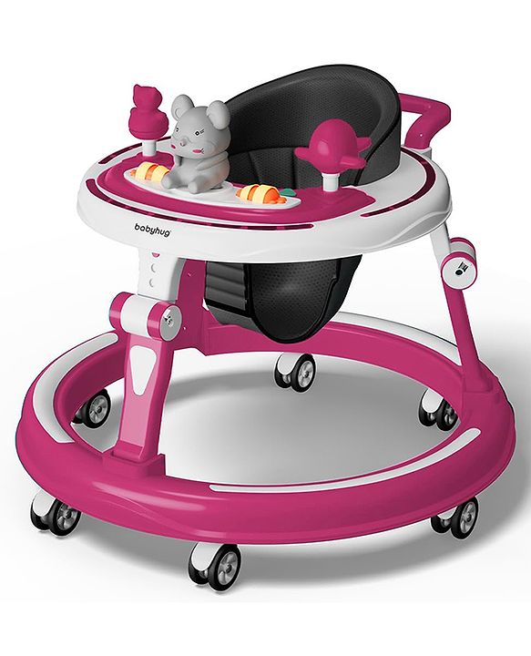 Babyhug 360° Joy Baby Walker with Convertible Feeding & Musical Toy Tray - Pink| Adjustable Height| Compact Fold| Activity cum Push Walker| Smooth Swivel Wheels| Padded Cushion Seat