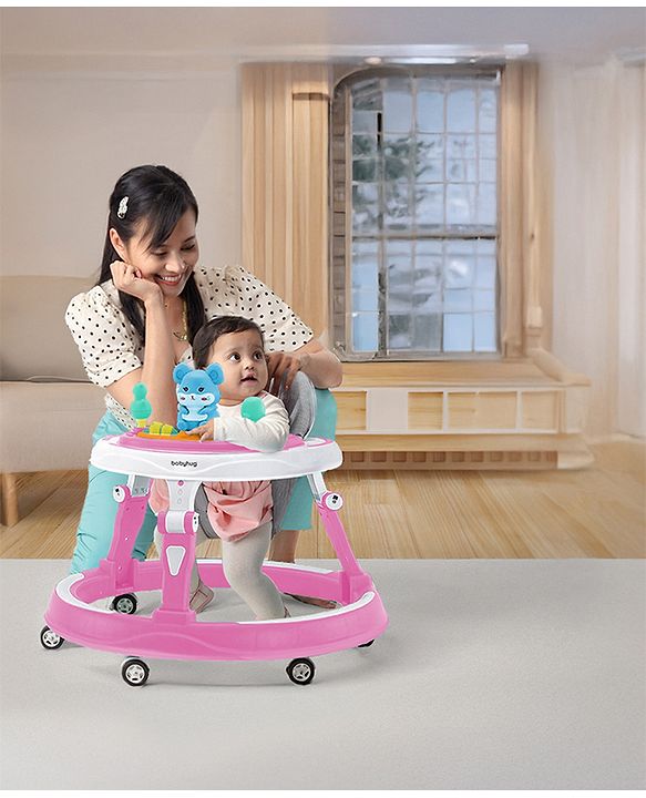 Babyhug 360° Joy Baby Walker with Convertible Feeding & Musical Toy Tray - Pink| Adjustable Height| Compact Fold| Activity cum Push Walker| Smooth Swivel Wheels| Padded Cushion Seat