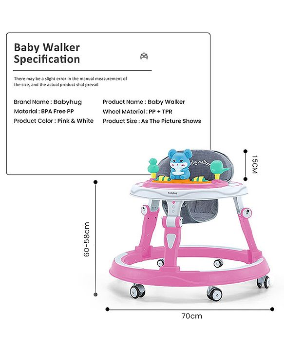 Babyhug 360° Joy Baby Walker with Convertible Feeding & Musical Toy Tray - Pink| Adjustable Height| Compact Fold| Activity cum Push Walker| Smooth Swivel Wheels| Padded Cushion Seat