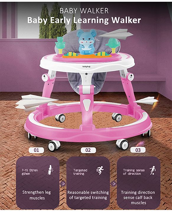 Babyhug 360° Joy Baby Walker with Convertible Feeding & Musical Toy Tray - Pink| Adjustable Height| Compact Fold| Activity cum Push Walker| Smooth Swivel Wheels| Padded Cushion Seat