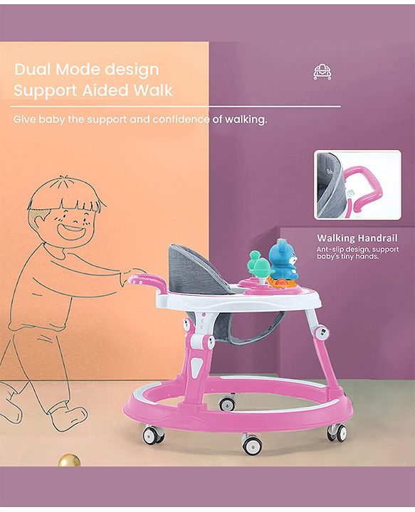 Babyhug 360° Joy Baby Walker with Convertible Feeding & Musical Toy Tray - Pink| Adjustable Height| Compact Fold| Activity cum Push Walker| Smooth Swivel Wheels| Padded Cushion Seat