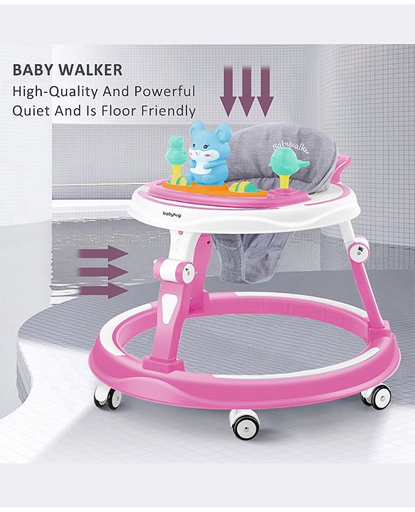 Babyhug 360° Joy Baby Walker with Convertible Feeding & Musical Toy Tray - Pink| Adjustable Height| Compact Fold| Activity cum Push Walker| Smooth Swivel Wheels| Padded Cushion Seat