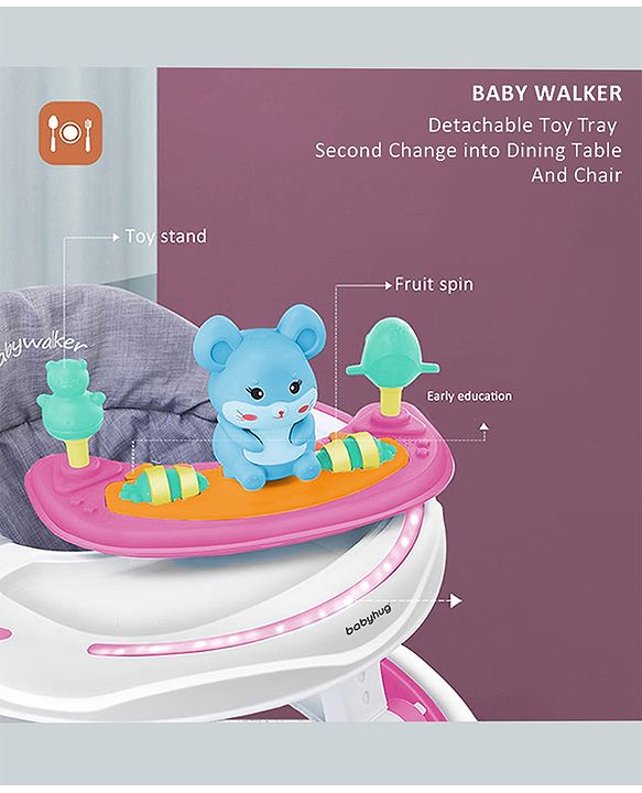 Babyhug 360° Joy Baby Walker with Convertible Feeding & Musical Toy Tray - Pink| Adjustable Height| Compact Fold| Activity cum Push Walker| Smooth Swivel Wheels| Padded Cushion Seat