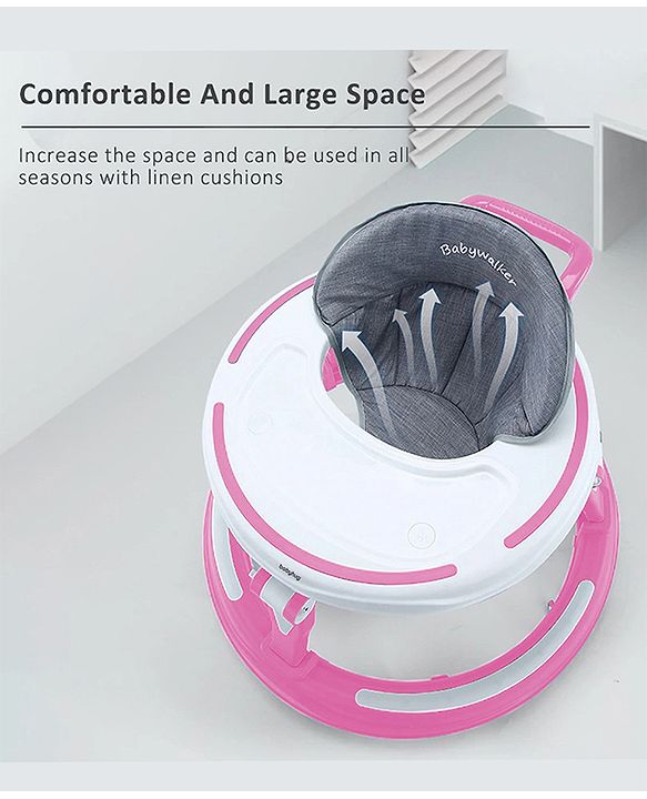 Babyhug 360° Joy Baby Walker with Convertible Feeding & Musical Toy Tray - Pink| Adjustable Height| Compact Fold| Activity cum Push Walker| Smooth Swivel Wheels| Padded Cushion Seat