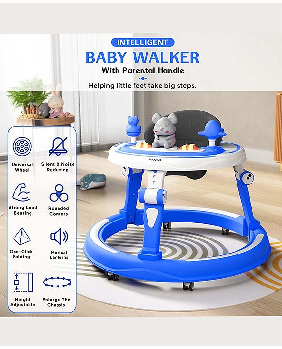 Babyhug 360° Joy Baby Walker with Convertible Feeding & Musical Toy Tray - Pink| Adjustable Height| Compact Fold| Activity cum Push Walker| Smooth Swivel Wheels| Padded Cushion Seat