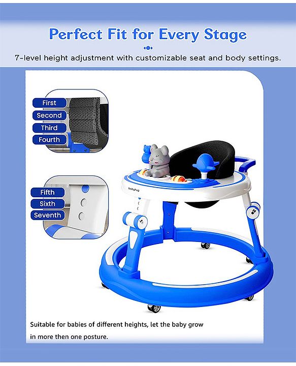 Babyhug 360° Joy Baby Walker with Convertible Feeding & Musical Toy Tray - Pink| Adjustable Height| Compact Fold| Activity cum Push Walker| Smooth Swivel Wheels| Padded Cushion Seat