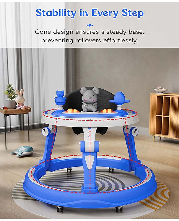 Babyhug 360° Joy Baby Walker with Convertible Feeding & Musical Toy Tray - Pink| Adjustable Height| Compact Fold| Activity cum Push Walker| Smooth Swivel Wheels| Padded Cushion Seat