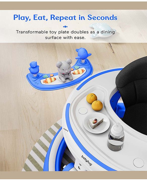 Babyhug 360° Joy Baby Walker with Convertible Feeding & Musical Toy Tray - Pink| Adjustable Height| Compact Fold| Activity cum Push Walker| Smooth Swivel Wheels| Padded Cushion Seat