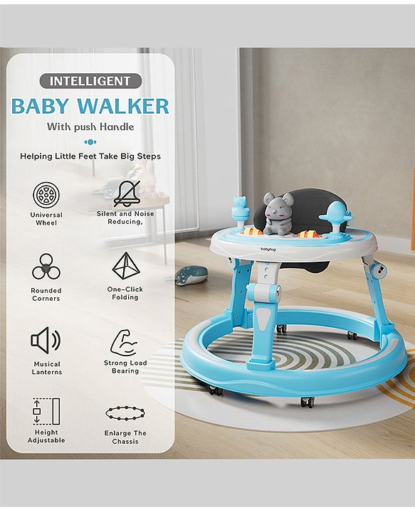 Babyhug 360° Joy Baby Walker with Convertible Feeding & Musical Toy Tray - Pink| Adjustable Height| Compact Fold| Activity cum Push Walker| Smooth Swivel Wheels| Padded Cushion Seat