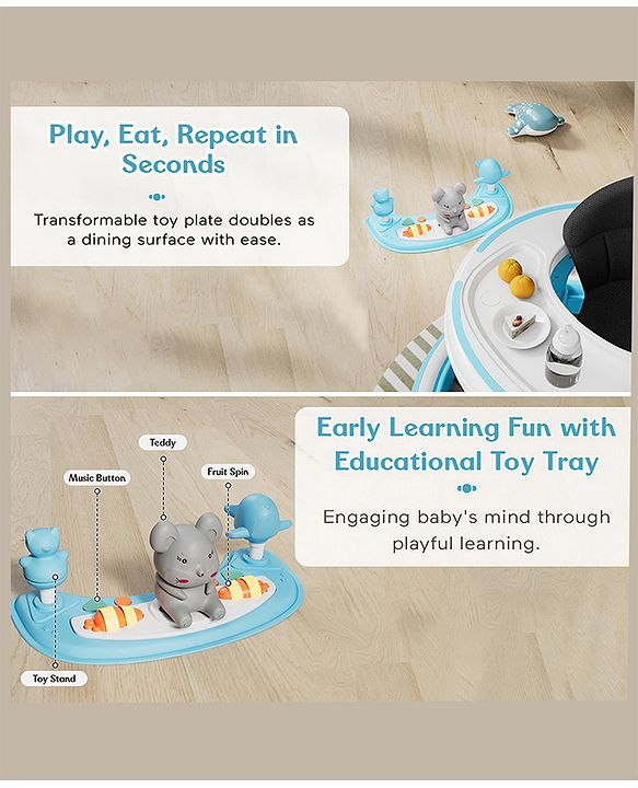 Babyhug 360° Joy Baby Walker with Convertible Feeding & Musical Toy Tray - Pink| Adjustable Height| Compact Fold| Activity cum Push Walker| Smooth Swivel Wheels| Padded Cushion Seat