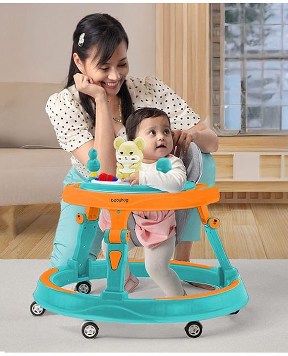 Babyhug 360° Joy Baby Walker with Convertible Feeding & Musical Toy Tray - Pink| Adjustable Height| Compact Fold| Activity cum Push Walker| Smooth Swivel Wheels| Padded Cushion Seat