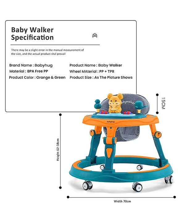 Babyhug 360° Joy Baby Walker with Convertible Feeding & Musical Toy Tray - Pink| Adjustable Height| Compact Fold| Activity cum Push Walker| Smooth Swivel Wheels| Padded Cushion Seat
