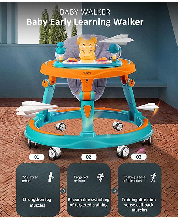 Babyhug 360° Joy Baby Walker with Convertible Feeding & Musical Toy Tray - Pink| Adjustable Height| Compact Fold| Activity cum Push Walker| Smooth Swivel Wheels| Padded Cushion Seat