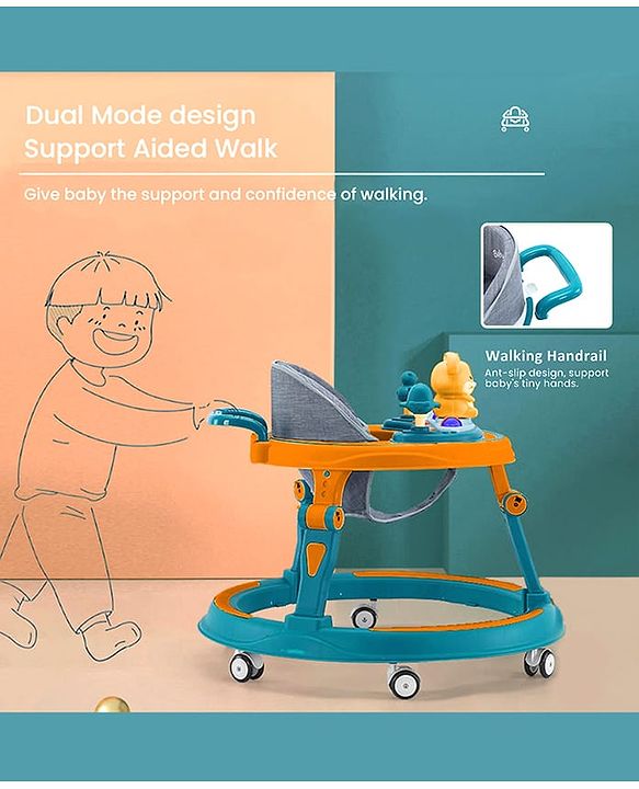 Babyhug 360° Joy Baby Walker with Convertible Feeding & Musical Toy Tray - Pink| Adjustable Height| Compact Fold| Activity cum Push Walker| Smooth Swivel Wheels| Padded Cushion Seat