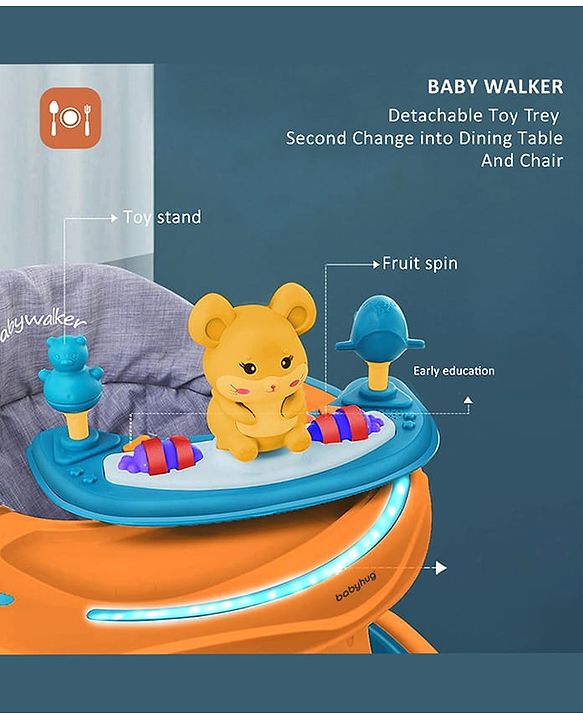 Babyhug 360° Joy Baby Walker with Convertible Feeding & Musical Toy Tray - Pink| Adjustable Height| Compact Fold| Activity cum Push Walker| Smooth Swivel Wheels| Padded Cushion Seat