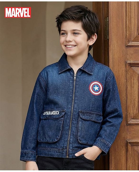 Pine Kids Marvel Full Sleeves Front Zipper Denim Jacket with Captain America Graphic - Blue