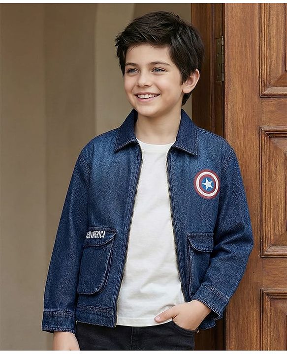 Pine Kids Marvel Full Sleeves Front Zipper Denim Jacket with Captain America Graphic - Blue