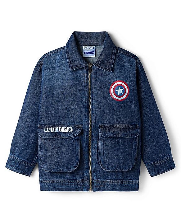 Pine Kids Marvel Full Sleeves Front Zipper Denim Jacket with Captain America Graphic - Blue