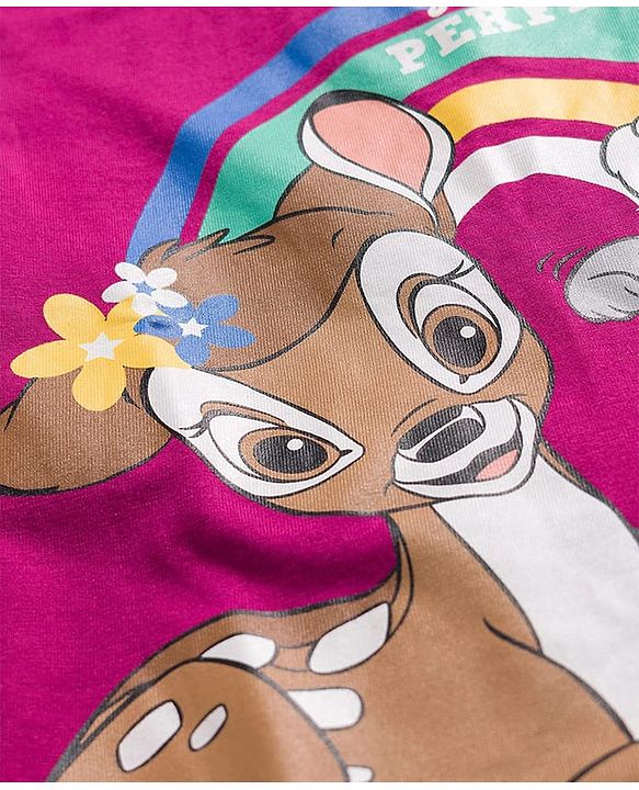 Babyhug Disney Single Jersey Knit Half Sleeves T-Shirt & Denim Skirt with Bambi Graphic & Badge Detailing - Purple & Blue