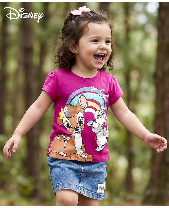 Babyhug Disney Single Jersey Knit Half Sleeves T-Shirt & Denim Skirt with Bambi Graphic & Badge Detailing - Purple & Blue