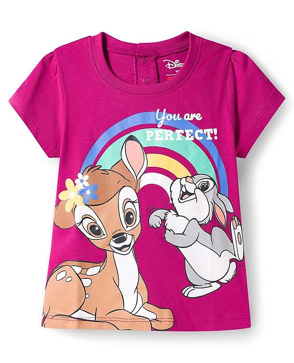 Babyhug Disney Single Jersey Knit Half Sleeves T-Shirt & Denim Skirt with Bambi Graphic & Badge Detailing - Purple & Blue