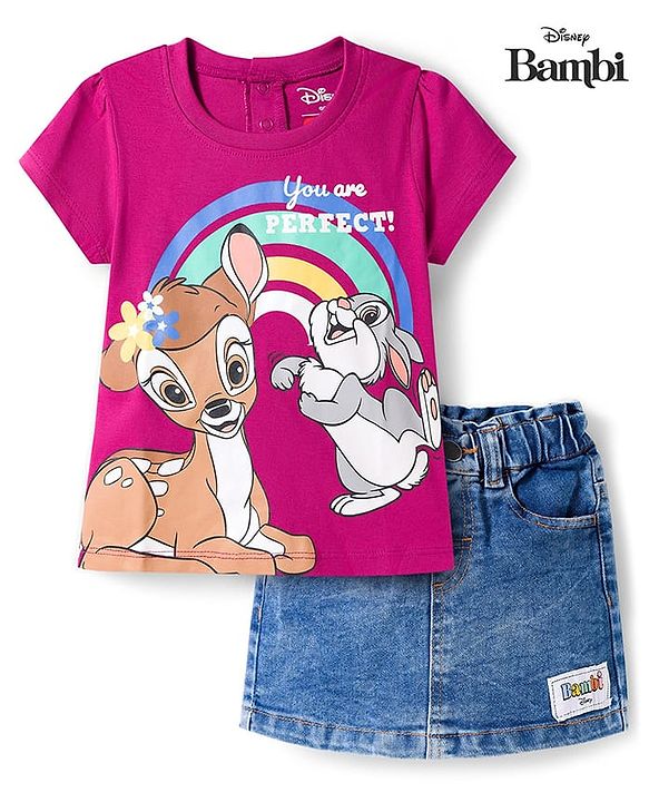 Babyhug Disney Single Jersey Knit Half Sleeves T-Shirt & Denim Skirt with Bambi Graphic & Badge Detailing - Purple & Blue