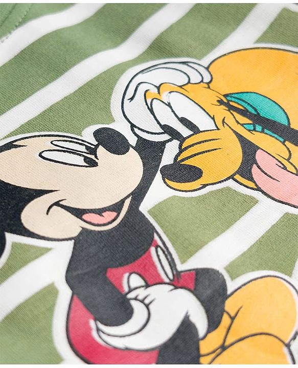 Babyhug Disney Single Jersey Knit Half Sleeves Striped Night Suit with Mickey & Pluto Graphic - Green
