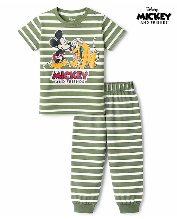 Babyhug Disney Single Jersey Knit Half Sleeves Striped Night Suit with Mickey & Pluto Graphic - Green