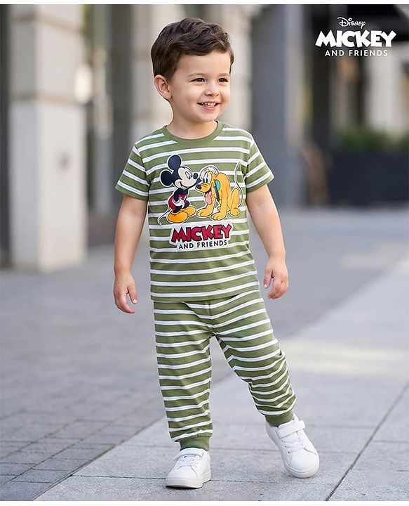 Babyhug Disney Single Jersey Knit Half Sleeves Striped Night Suit with Mickey & Pluto Graphic - Green