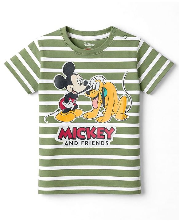 Babyhug Disney Single Jersey Knit Half Sleeves Striped Night Suit with Mickey & Pluto Graphic - Green