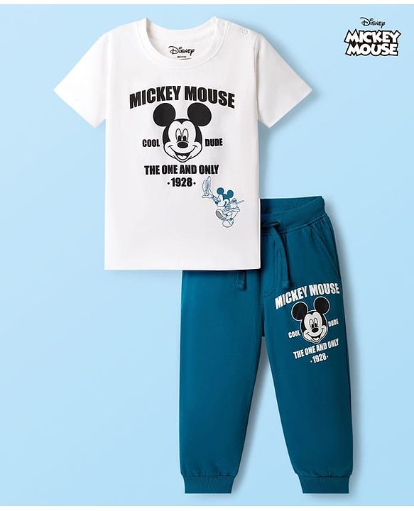 Babyhug Disney Single Jersey Knit Drop Shoulder Half Sleeves T-Shirt & Track Pant Set with Mickey Mouse Graphic - Navy Blue & White