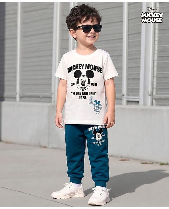 Babyhug Disney Single Jersey Knit Drop Shoulder Half Sleeves T-Shirt & Track Pant Set with Mickey Mouse Graphic - Navy Blue & White
