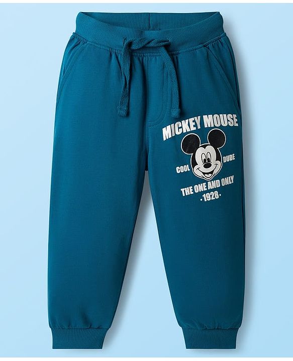 Babyhug Disney Single Jersey Knit Drop Shoulder Half Sleeves T-Shirt & Track Pant Set with Mickey Mouse Graphic - Navy Blue & White