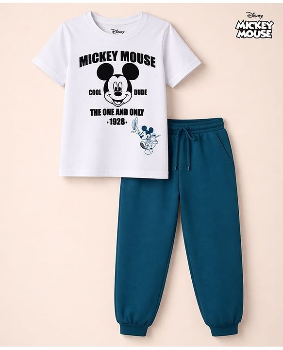 Babyhug Disney Single Jersey Knit Drop Shoulder Half Sleeves T-Shirt & Track Pant Set with Mickey Mouse Graphic - Navy Blue & White