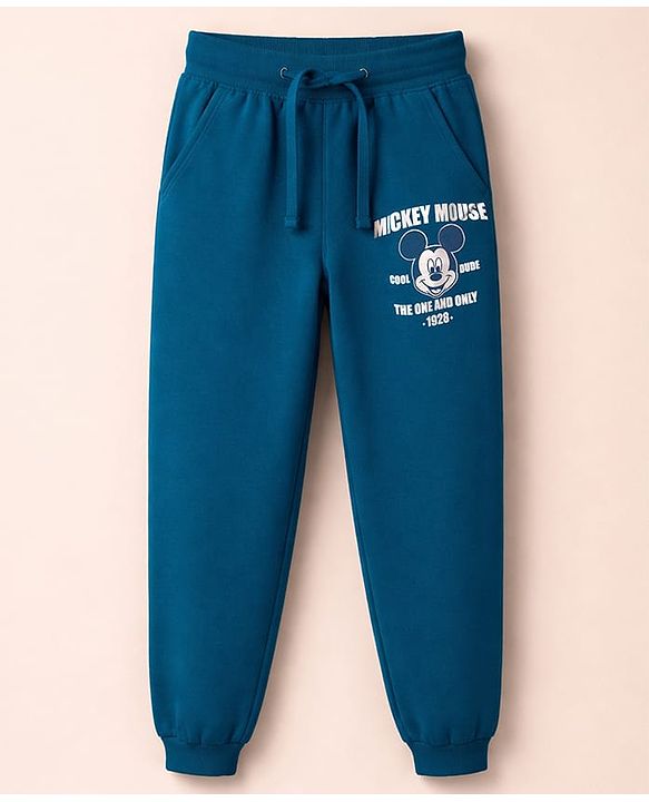 Babyhug Disney Single Jersey Knit Drop Shoulder Half Sleeves T-Shirt & Track Pant Set with Mickey Mouse Graphic - Navy Blue & White