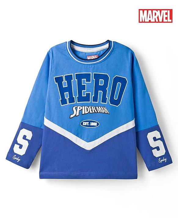 Pine Kids Marvel Single Jersey Knit Full Sleeves T-Shirt with Front & Back T-Shirt with Spiderman Graphic - Blue