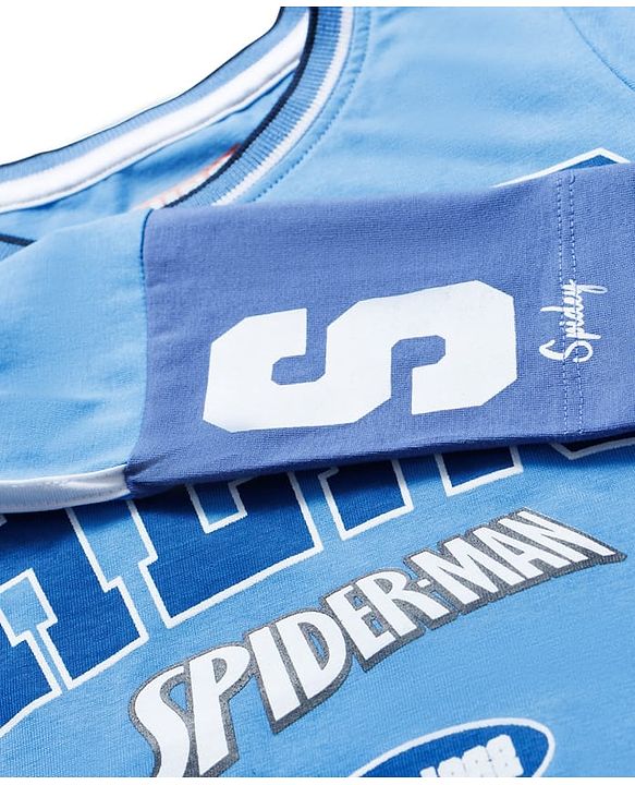 Pine Kids Marvel Single Jersey Knit Full Sleeves T-Shirt with Front & Back T-Shirt with Spiderman Graphic - Blue