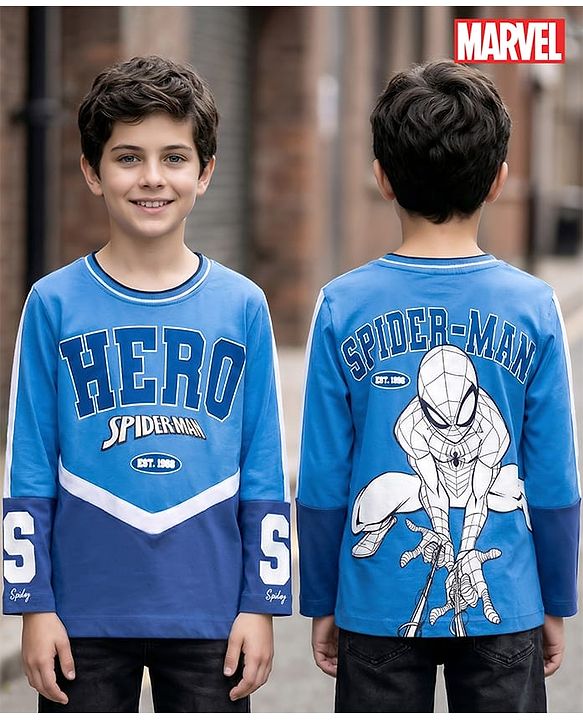 Pine Kids Marvel Single Jersey Knit Full Sleeves T-Shirt with Front & Back T-Shirt with Spiderman Graphic - Blue