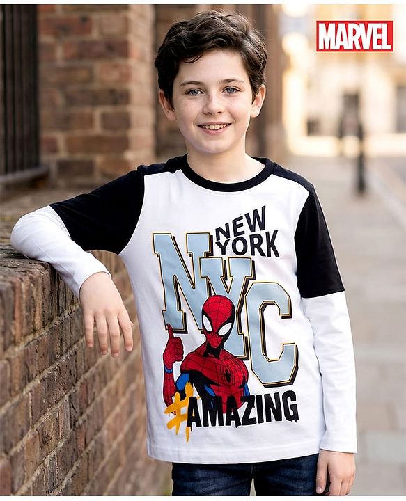 Pine Kids Marvel Single Jersey Knit Full Sleeves Cut & Sew T-Shirt with Spiderman Graphic - Multicolor