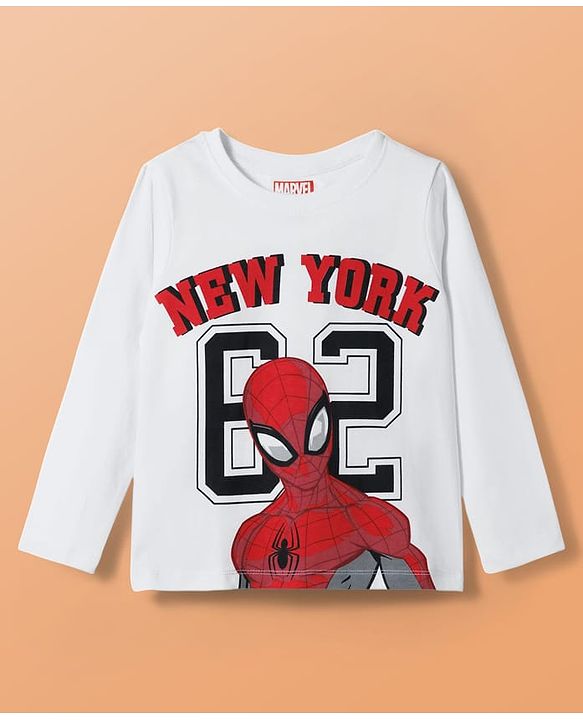 Pine Kids Marvel Terry Knit Full Sleeves Oversized T-Shirt & Track Pant with Spider-Man Graphic & Badge Detailing - White & Blue