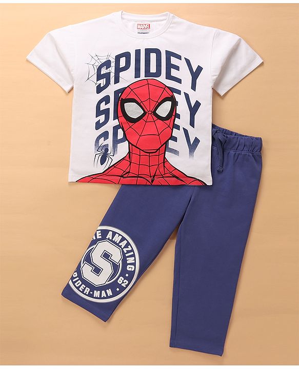 Pine Kids Marvel Terry Knit Full Sleeves Oversized T-Shirt & Track Pant with Spider-Man Graphic & Badge Detailing - White & Blue